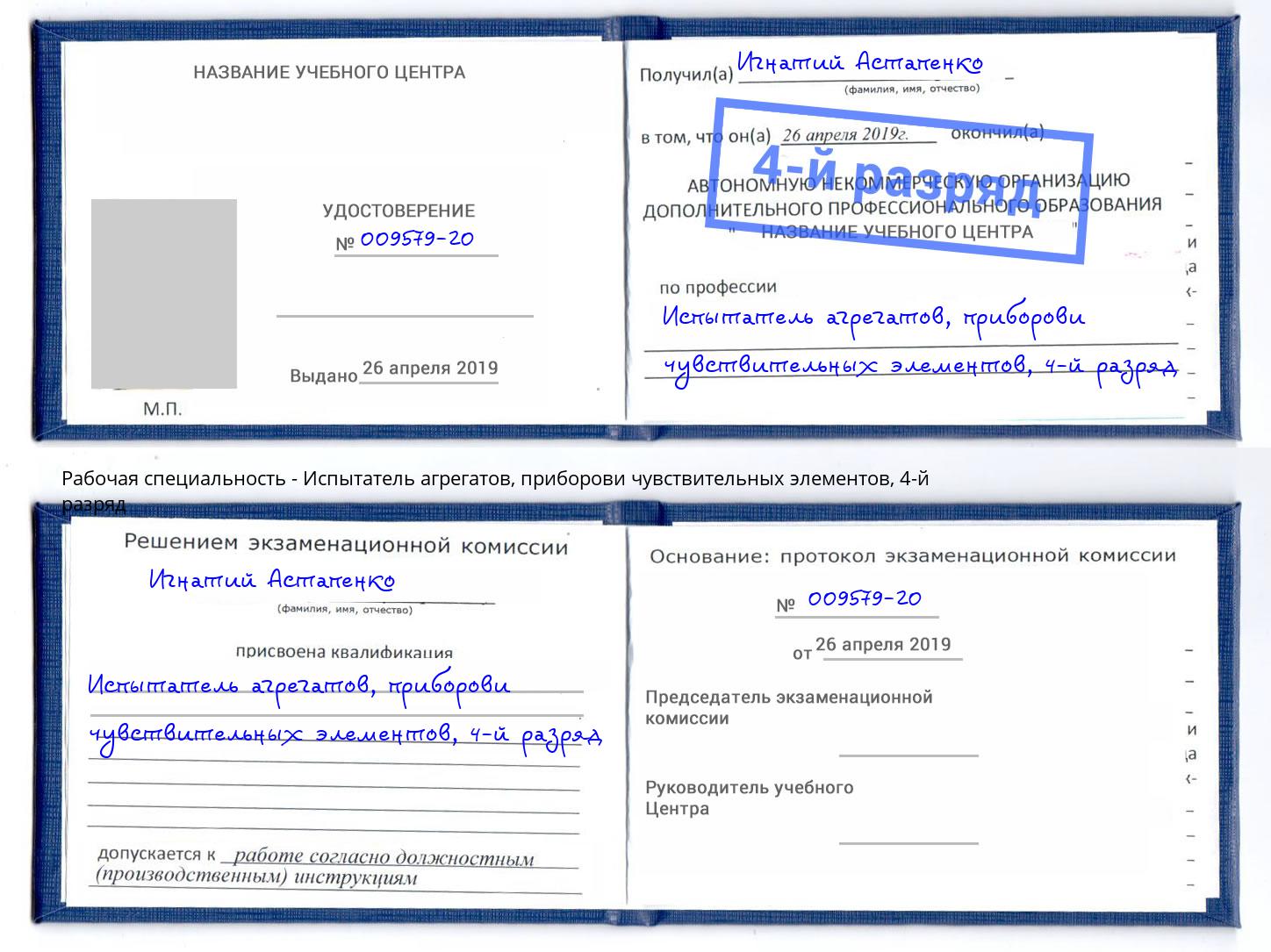 корочка 4-й разряд Испытатель агрегатов, приборови чувствительных элементов Екатеринбург