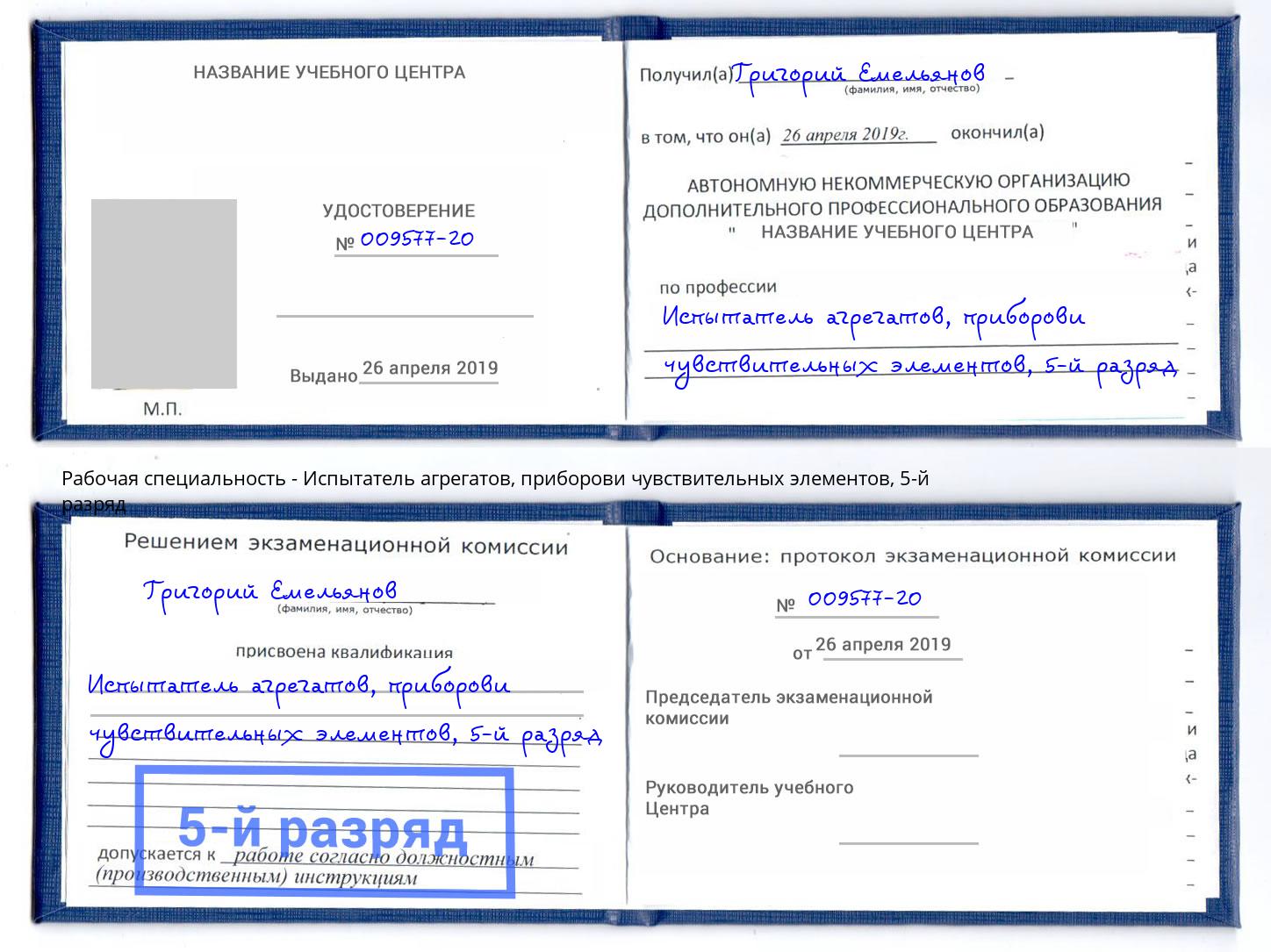 корочка 5-й разряд Испытатель агрегатов, приборови чувствительных элементов Екатеринбург