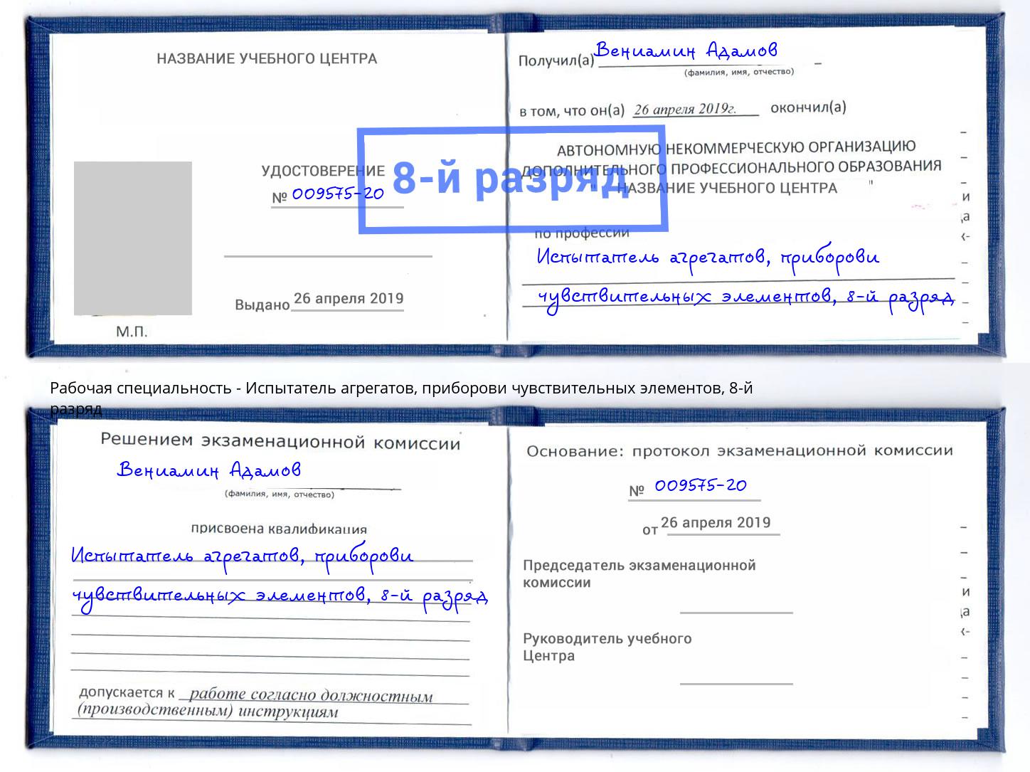 корочка 8-й разряд Испытатель агрегатов, приборови чувствительных элементов Екатеринбург